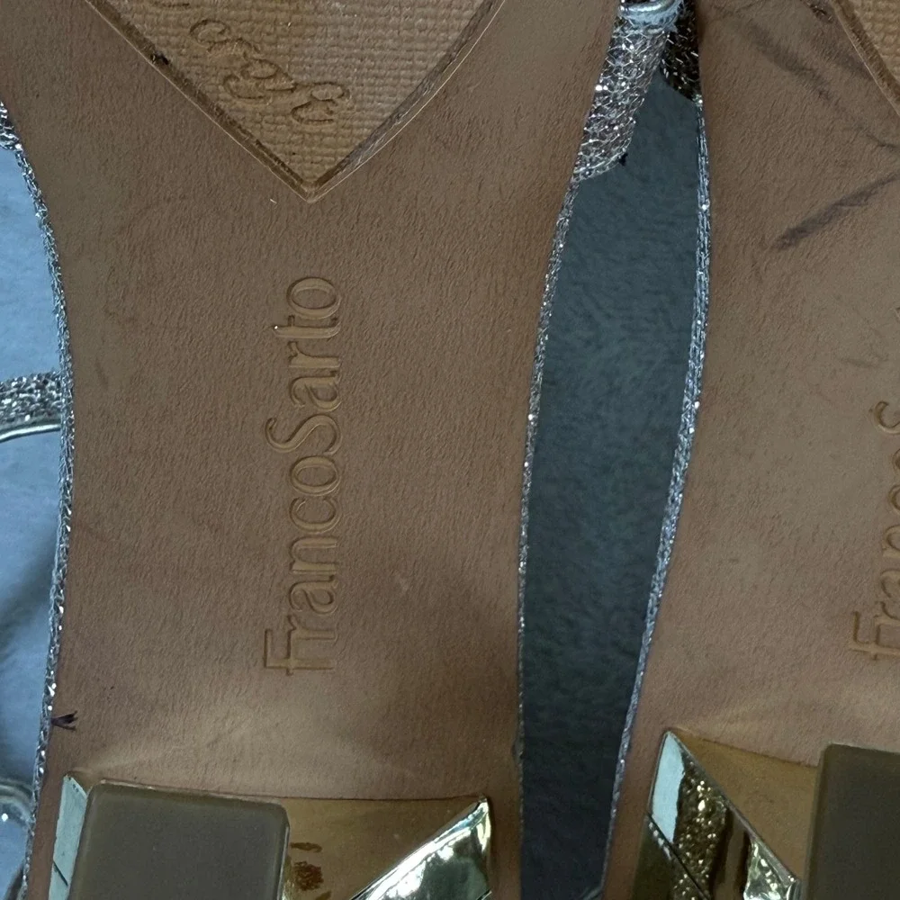 Franco Sarto Rania 2 Champagne Gold Glitter Square Toe‎ Heeled Sandals 8.5M